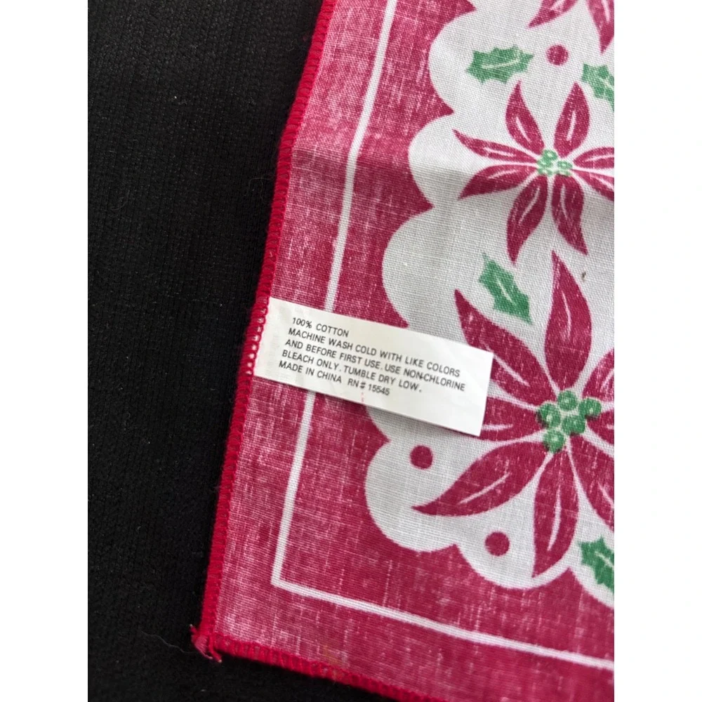 Vintage Christmas Poinsettia Holly Cotton Square Napkin Bandana Red White‎ 17x17